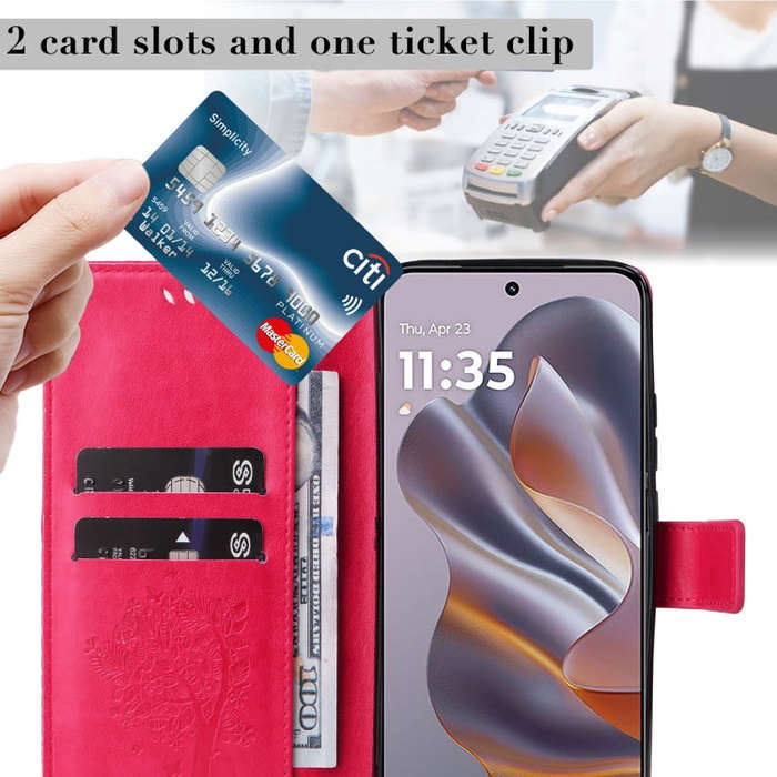 For Motorola Edge 50 Neo Tree & Cat Embossed Pattern Flip Leather Phone Case(Rose Red)