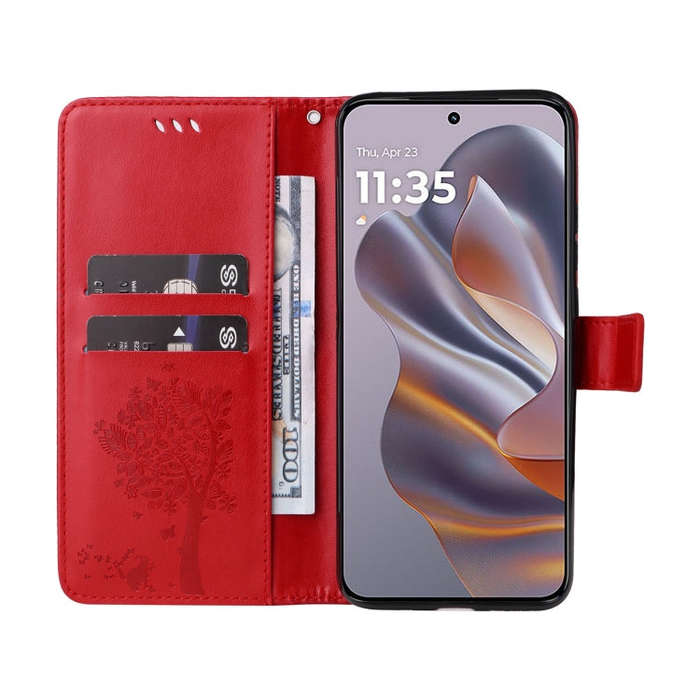 For Motorola Edge 50 Neo Tree & Cat Embossed Pattern Flip Leather Phone Case(Red)