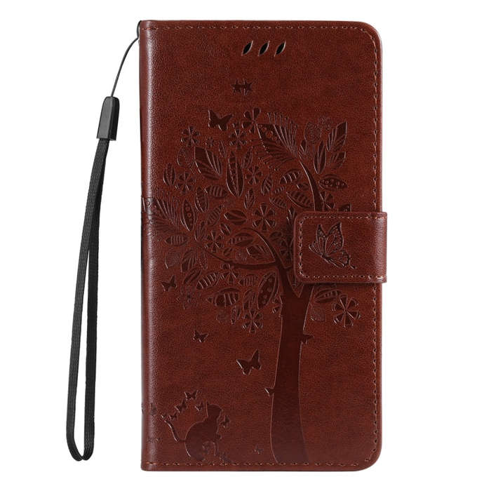 For Motorola Edge 50 Neo Tree & Cat Embossed Pattern Flip Leather Phone Case(Coffee)