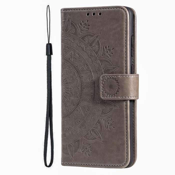 For Motorola Edge 60 Pro Totem Flower Embossed Leather Phone Case with Lanyard(Grey)
