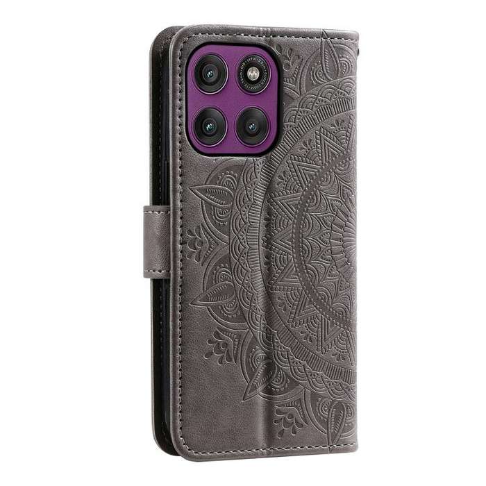 For Motorola Edge 60 Pro Totem Flower Embossed Leather Phone Case with Lanyard(Grey)