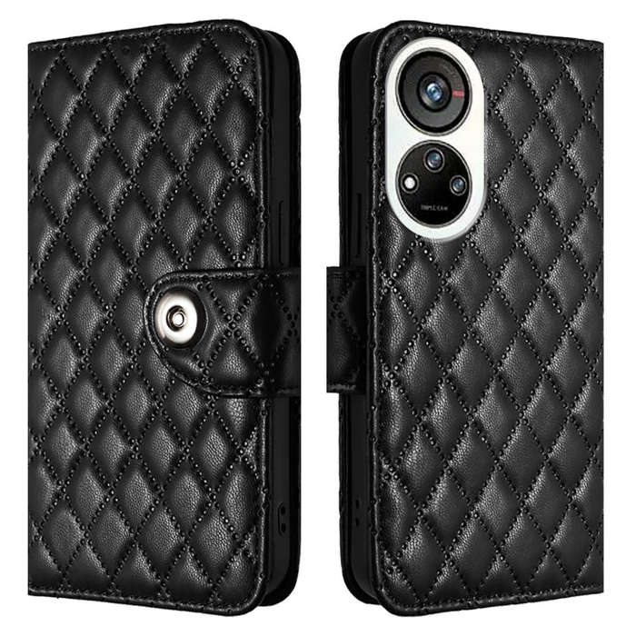 For ZTE Blade V40s Rhombic Texture Flip Leather Phone Case with Lanyard(Black)
