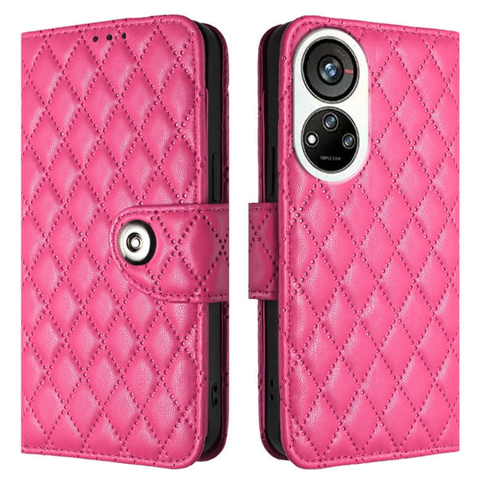 For ZTE Blade V40s Rhombic Texture Flip Leather Phone Case with Lanyard(Rose Red)