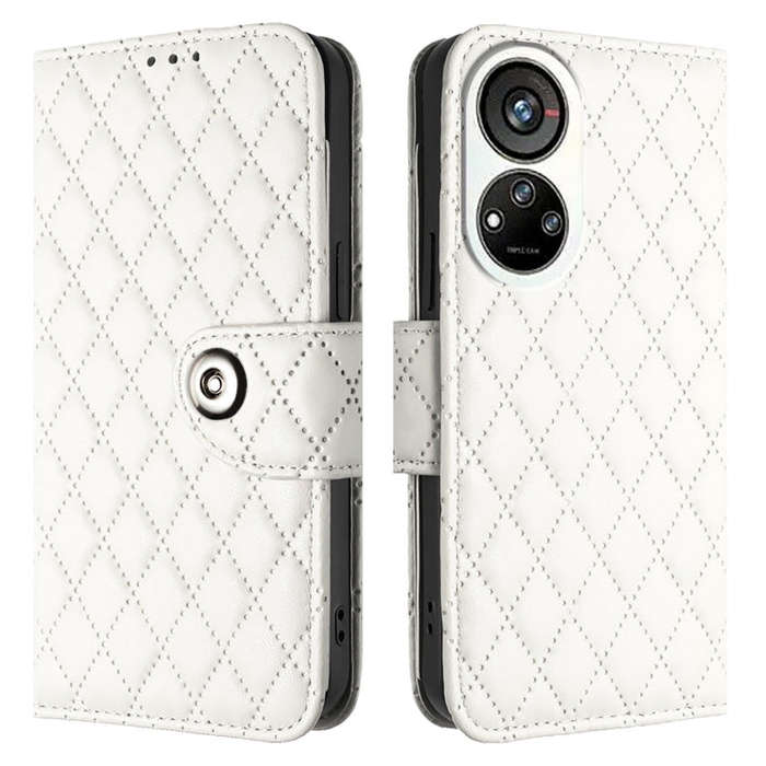 For ZTE Blade V40s Rhombic Texture Flip Leather Phone Case with Lanyard(White)