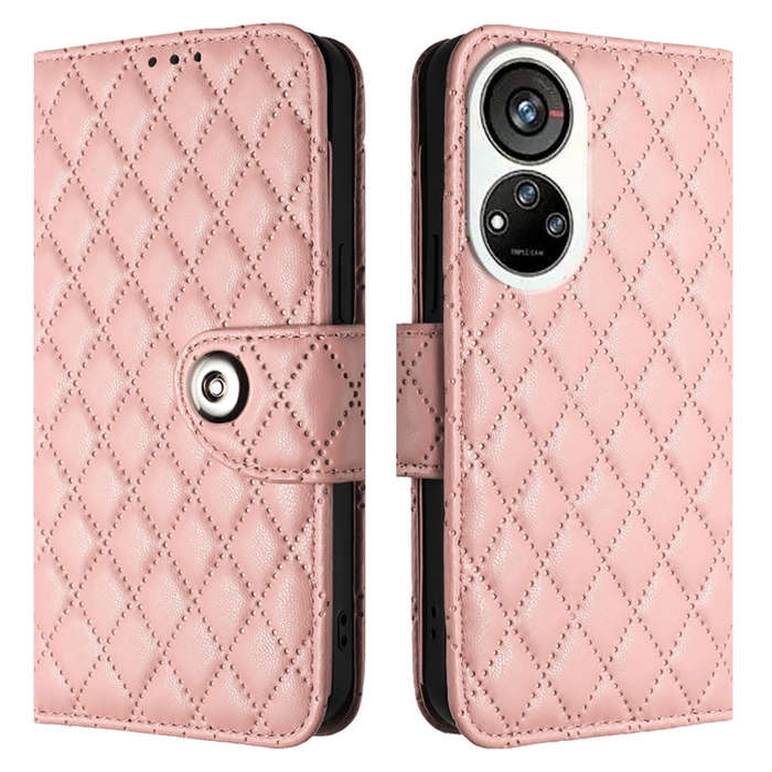For ZTE Blade V40s Rhombic Texture Flip Leather Phone Case with Lanyard(Coral Pink)