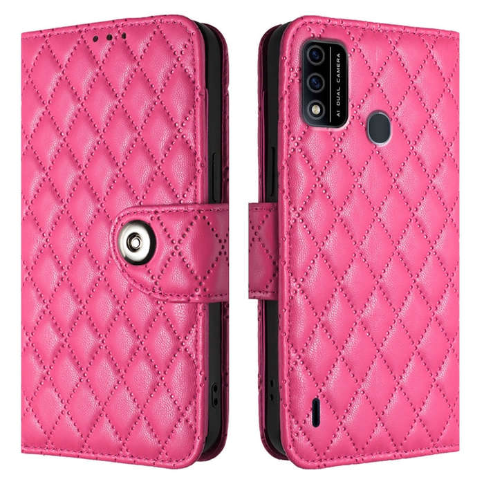 For itel A48 Rhombic Texture Flip Leather Phone Case with Lanyard(Rose Red)