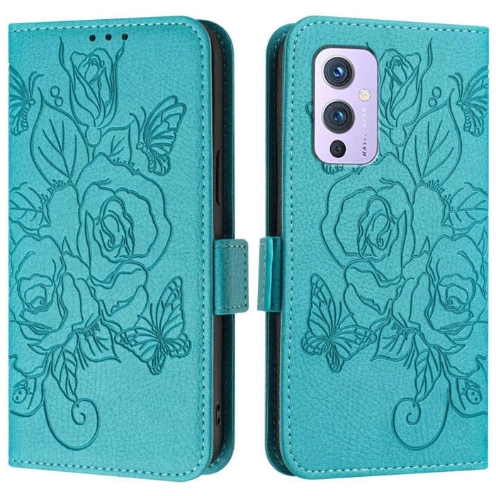 For OnePlus 9 Embossed Rose RFID Anti-theft Leather Phone Case(Light Blue)