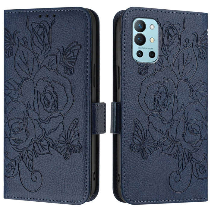 For OnePlus 9R / 8T Embossed Rose RFID Anti-theft Leather Phone Case(Dark Blue)