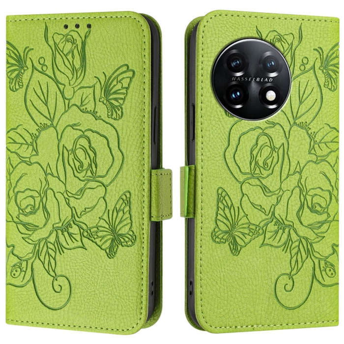 For OnePlus 11 Embossed Rose RFID Anti-theft Leather Phone Case(Green)