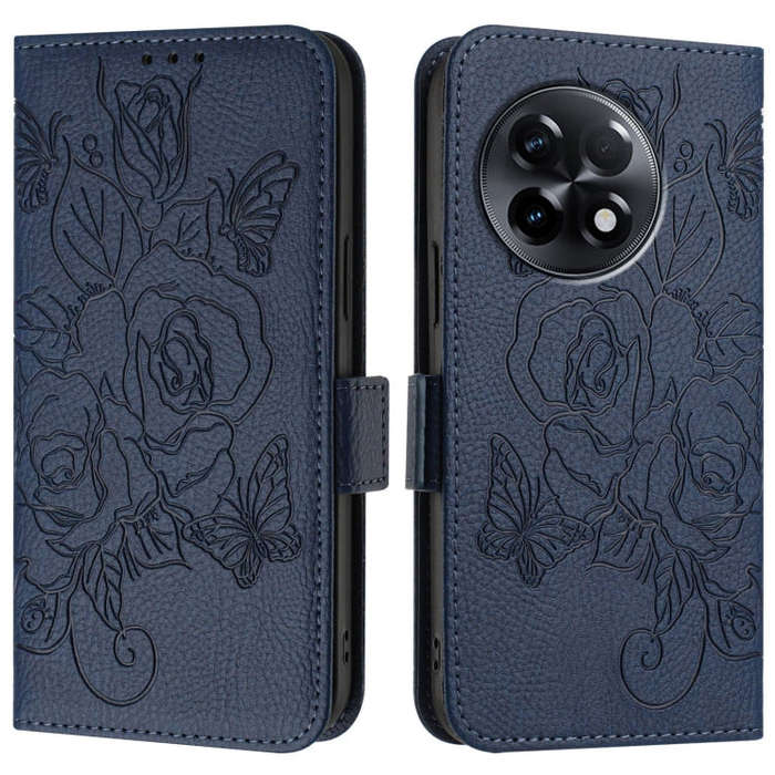 For OnePlus 11R 5G Embossed Rose RFID Anti-theft Leather Phone Case(Dark Blue)