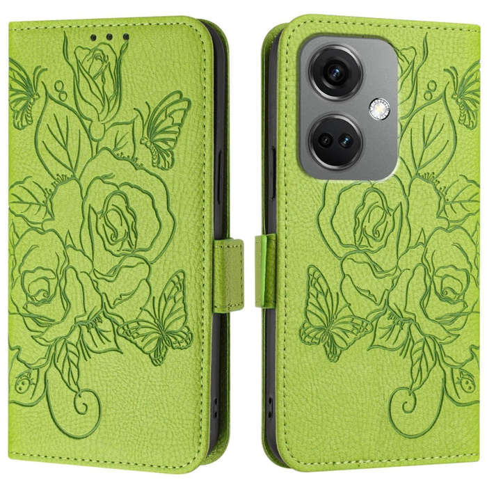 For OnePlus Nord CE3 5G Embossed Rose RFID Anti-theft Leather Phone Case(Green)