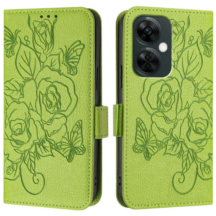 For OnePlus Nord CE3 Lite 5G / Nord N30 Embossed Rose RFID Anti-theft Leather Phone Case(Green)