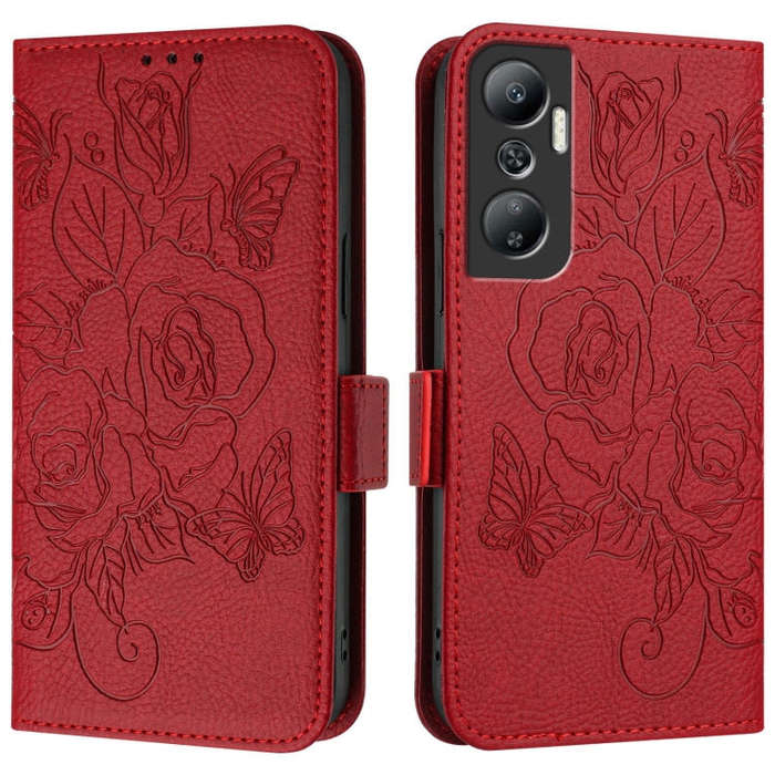 For Infinix Hot 20 4G Embossed Rose RFID Anti-theft Leather Phone Case(Red)