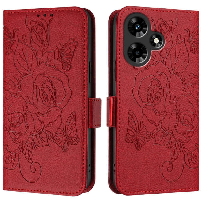 For Infinix Hot 30 4G Embossed Rose RFID Anti-theft Leather Phone Case(Red)