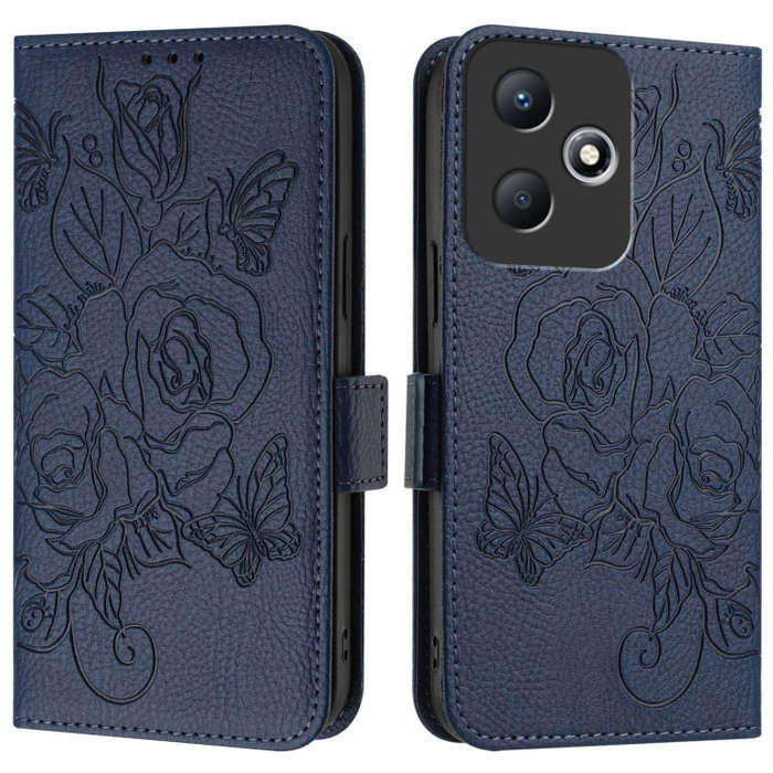For Infinix Hot 30 Play / 30 Play NFC Embossed Rose RFID Anti-theft Leather Phone Case(Dark Blue)