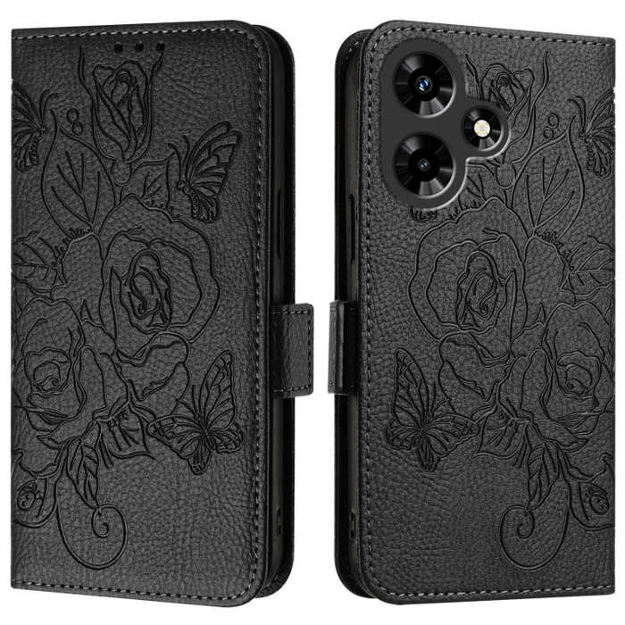 For Infinix Hot 30i Embossed Rose RFID Anti-theft Leather Phone Case(Black)
