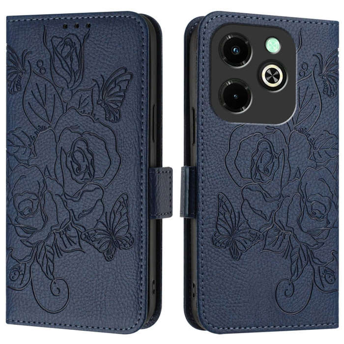 For Infinix Hot 40i Embossed Rose RFID Anti-theft Leather Phone Case(Dark Blue)