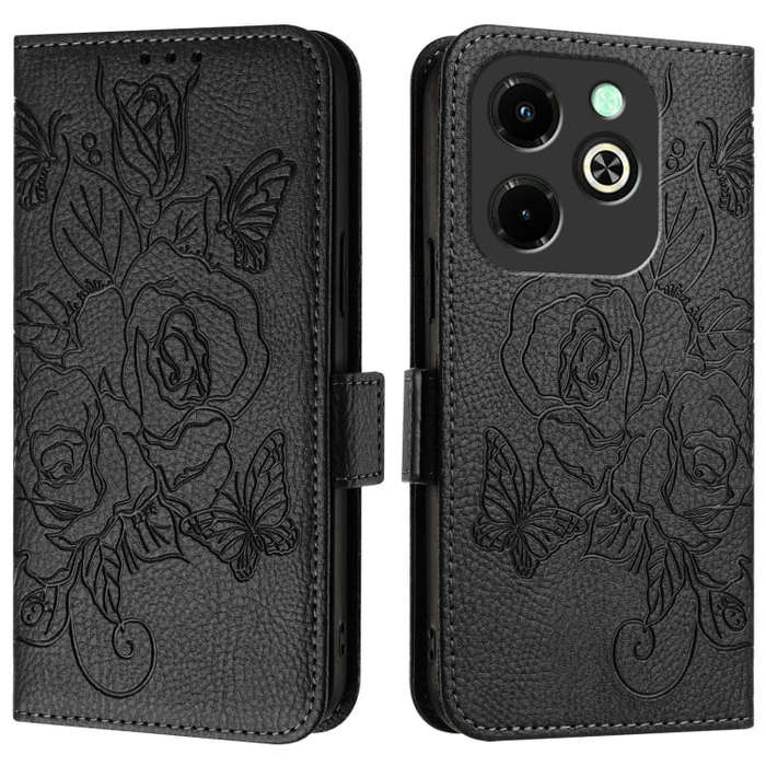 For Infinix Hot 40i Embossed Rose RFID Anti-theft Leather Phone Case(Black)