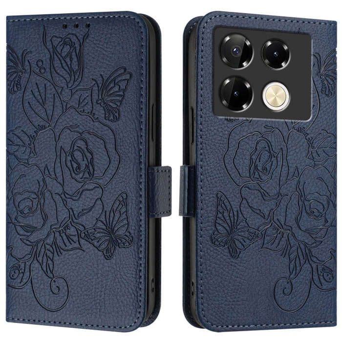 For Infinix Note 40 Pro 5G Embossed Rose RFID Anti-theft Leather Phone Case(Dark Blue)