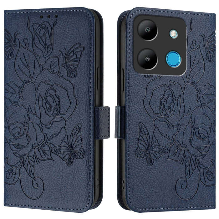For Infinix Smart 7 Embossed Rose RFID Anti-theft Leather Phone Case(Dark Blue)