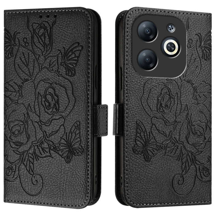 For Infinix Smart 8 Embossed Rose RFID Anti-theft Leather Phone Case(Black)