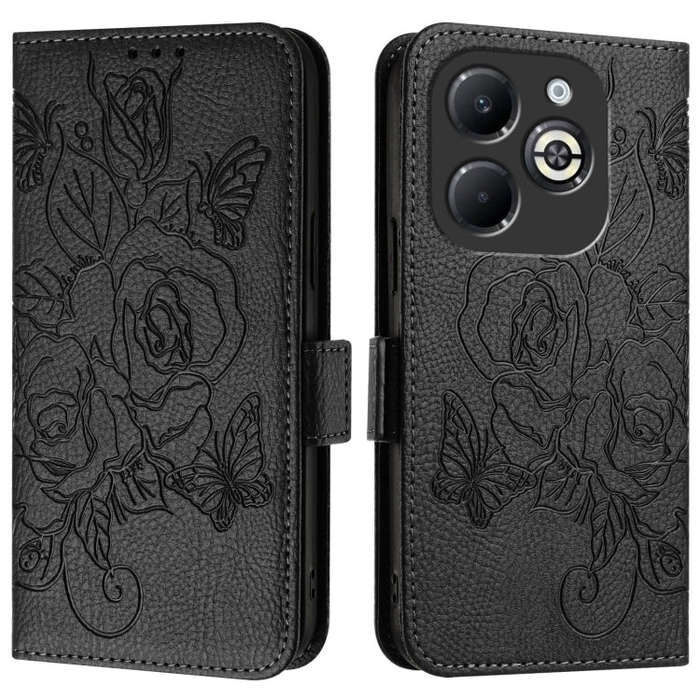 For Infinix Smart 8 Plus / 8 Pro / T8 Plus Embossed Rose RFID Anti-theft Leather Phone Case(Black)