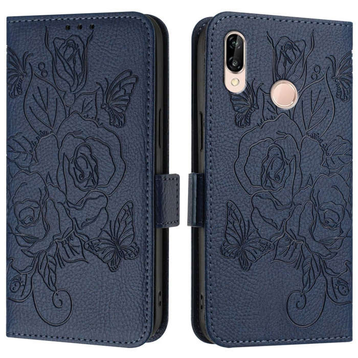 For Huawei P20 Lite / nova 3e Embossed Rose RFID Anti-theft Leather Phone Case(Dark Blue)