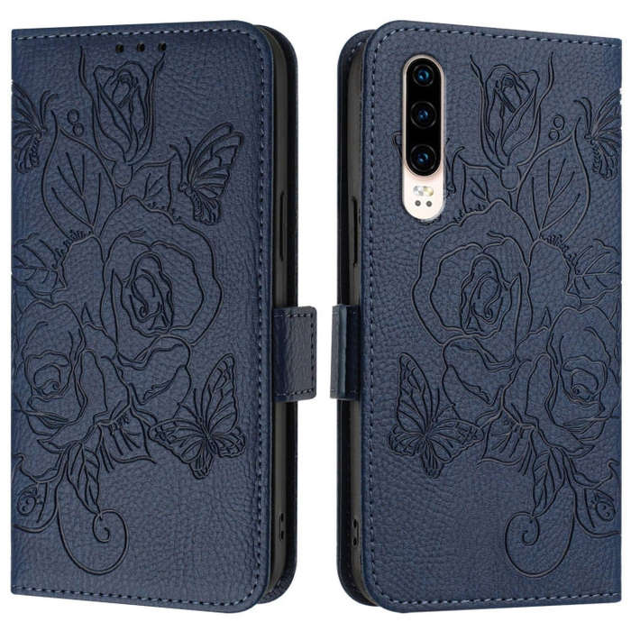 For Huawei P30 Embossed Rose RFID Anti-theft Leather Phone Case(Dark Blue)