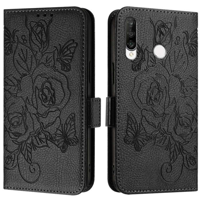 For Huawei P30 Lite / nova 4e Embossed Rose RFID Anti-theft Leather Phone Case(Black)