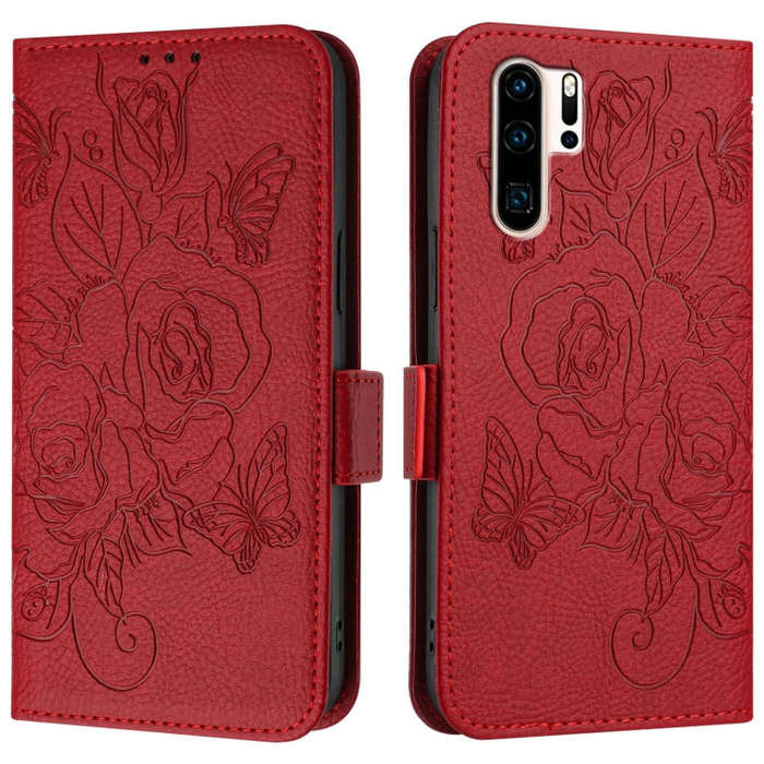 For Huawei P30 Pro Embossed Rose RFID Anti-theft Leather Phone Case(Red)