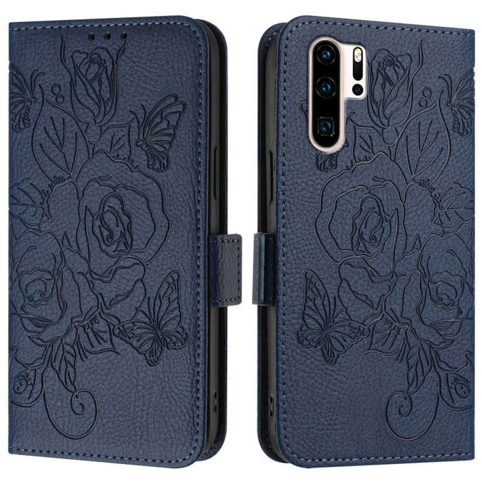 For Huawei P30 Pro Embossed Rose RFID Anti-theft Leather Phone Case(Dark Blue)