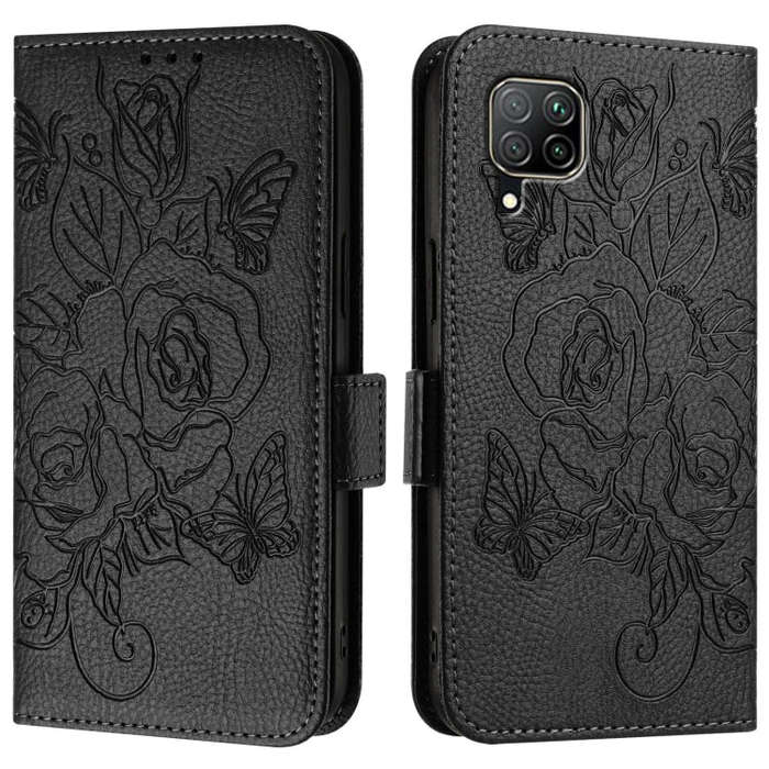 For Huawei P40 Lite / nova 6 SE Embossed Rose RFID Anti-theft Leather Phone Case(Black)
