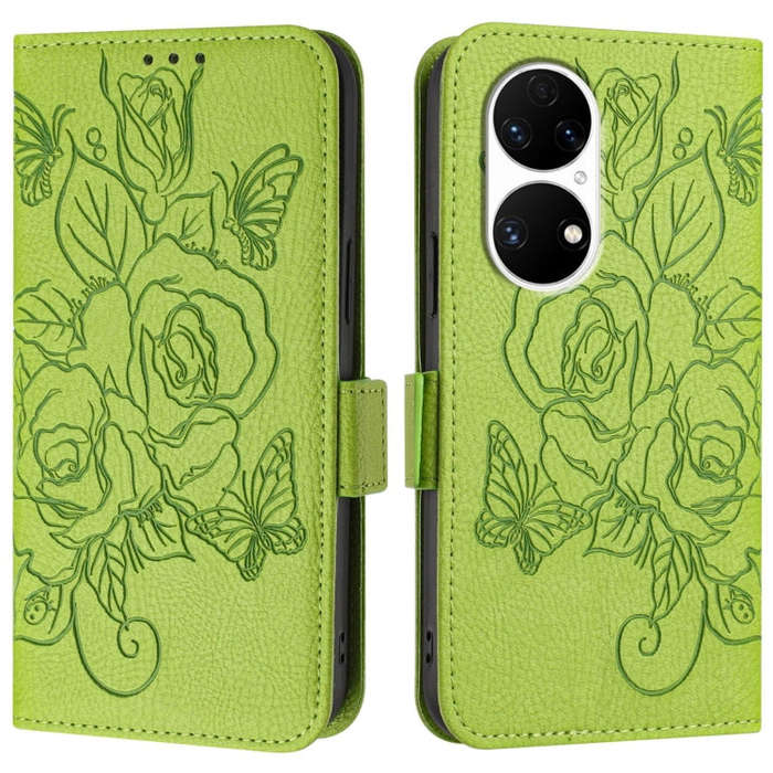 For Huawei P50 Pro Embossed Rose RFID Anti-theft Leather Phone Case(Green)