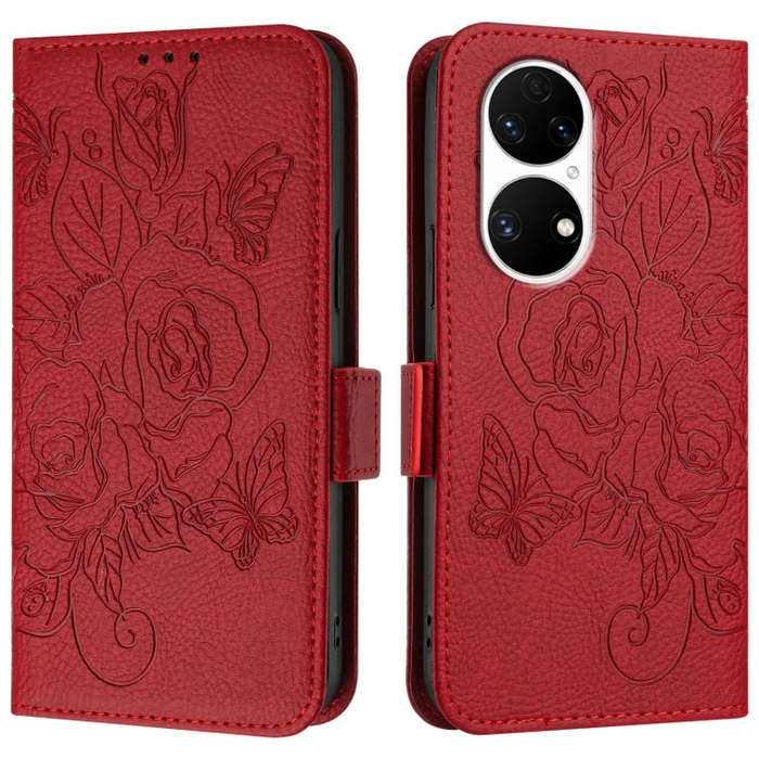 For Huawei P50 Pro Embossed Rose RFID Anti-theft Leather Phone Case(Red)