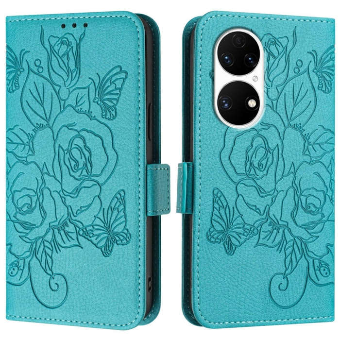 For Huawei P50 Pro Embossed Rose RFID Anti-theft Leather Phone Case(Light Blue)
