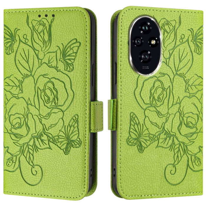 For Honor 200 Pro Embossed Rose RFID Anti-theft Leather Phone Case(Green)