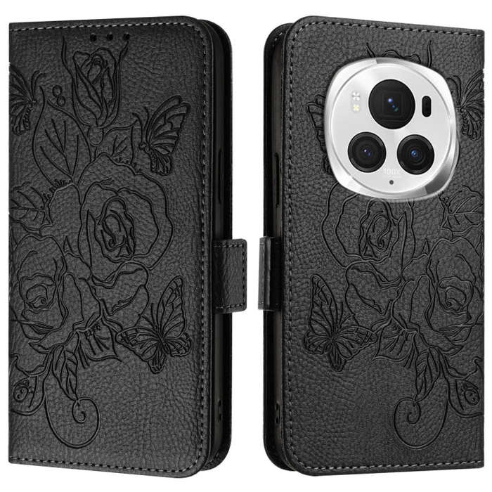 For Honor Magic6 Pro 5G Embossed Rose RFID Anti-theft Leather Phone Case(Black)