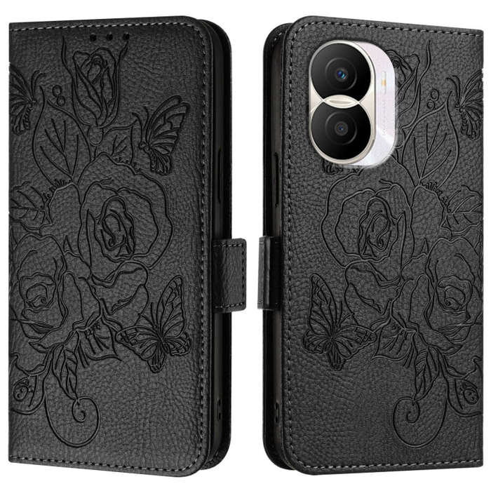 For Honor X40i 5G Embossed Rose RFID Anti-theft Leather Phone Case(Black)