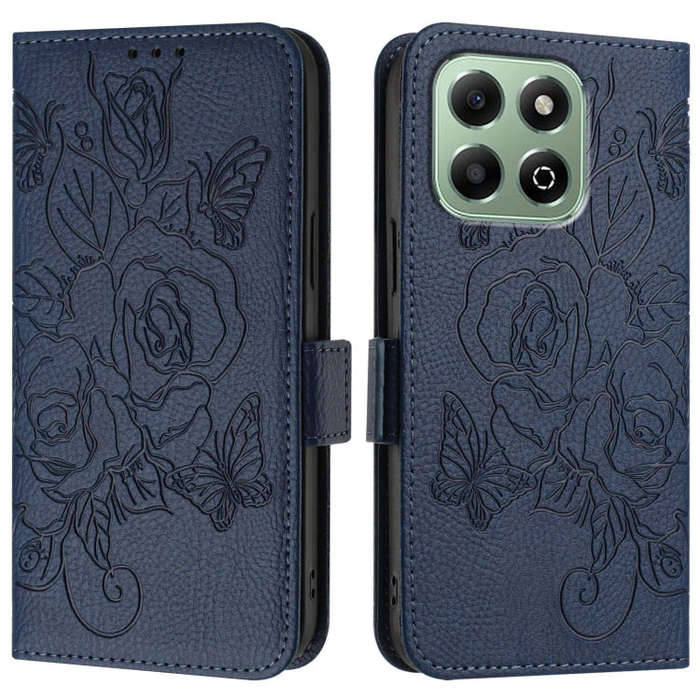 For Honor X6b Embossed Rose RFID Anti-theft Leather Phone Case(Dark Blue)