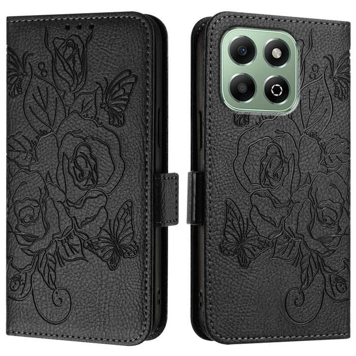 For Honor X6b Embossed Rose RFID Anti-theft Leather Phone Case(Black)