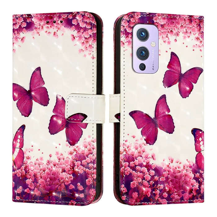 For OnePlus 9 3D Painting Horizontal Flip Leather Phone Case(Rose Butterfly)