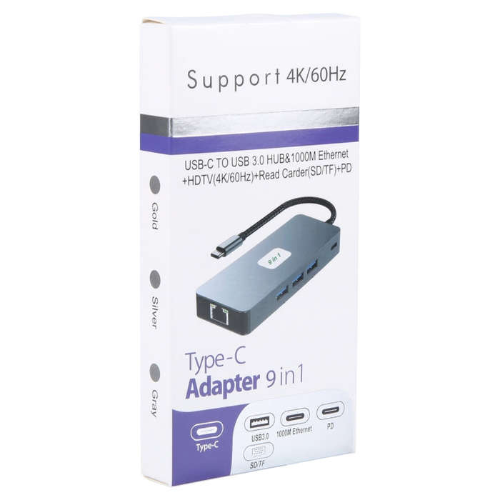 BYL-2318 9 in 1 USB-C / Type-C to USB3.0+Type-C+1000M Ethernet+HDTV+SD / TF Dual Card Slot Dockin...
