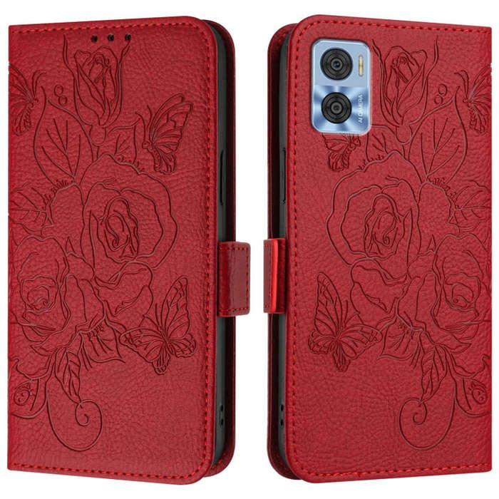 For Motorola Moto E22 4G / E22i 4G Embossed Rose RFID Anti-theft Leather Phone Case(Red)