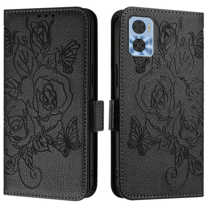 For Motorola Moto E22 4G / E22i 4G Embossed Rose RFID Anti-theft Leather Phone Case(Black)