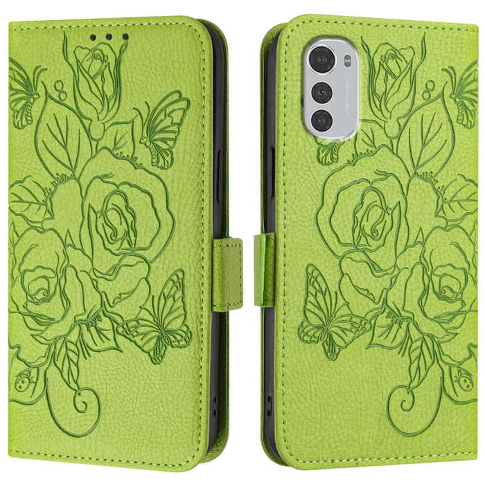 For Motorola Moto E32 4G Embossed Rose RFID Anti-theft Leather Phone Case(Green)