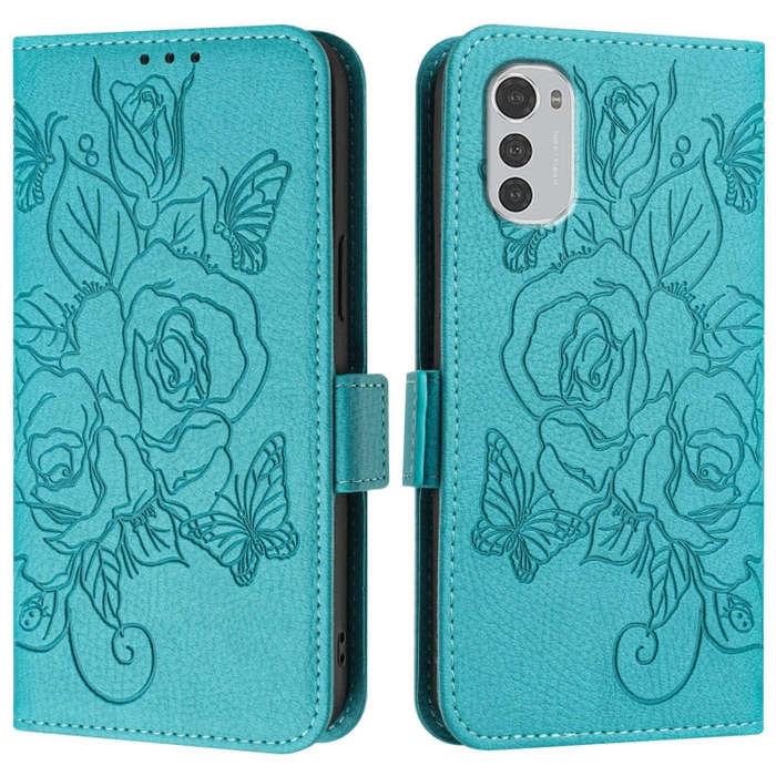For Motorola Moto E32 4G Embossed Rose RFID Anti-theft Leather Phone Case(Light Blue)