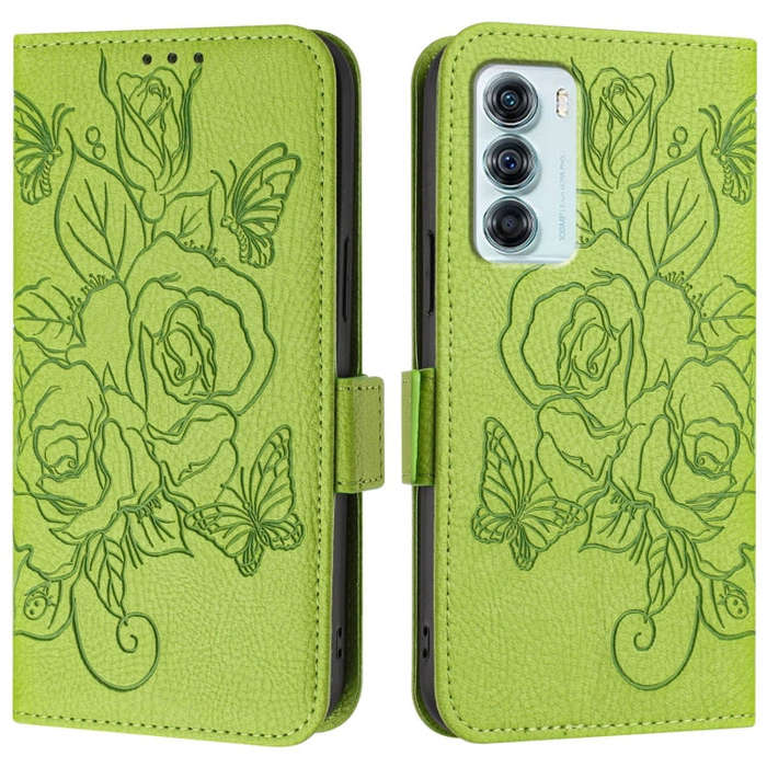 For Motorola Edge S30 / Moto G200 5G Embossed Rose RFID Anti-theft Leather Phone Case(Green)