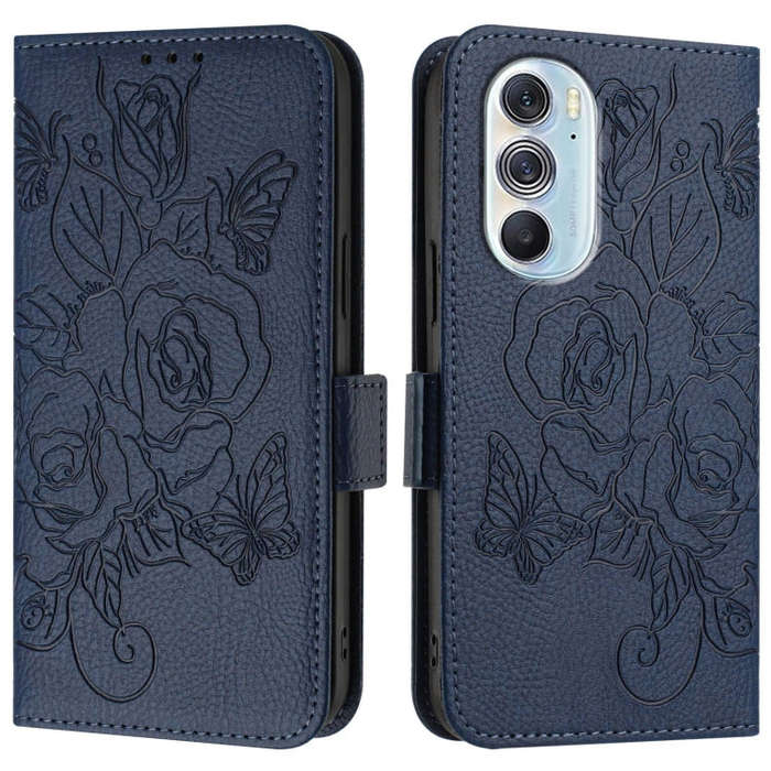 For Motorola Edge X30 5G / 30 Pro Embossed Rose RFID Anti-theft Leather Phone Case(Dark Blue)