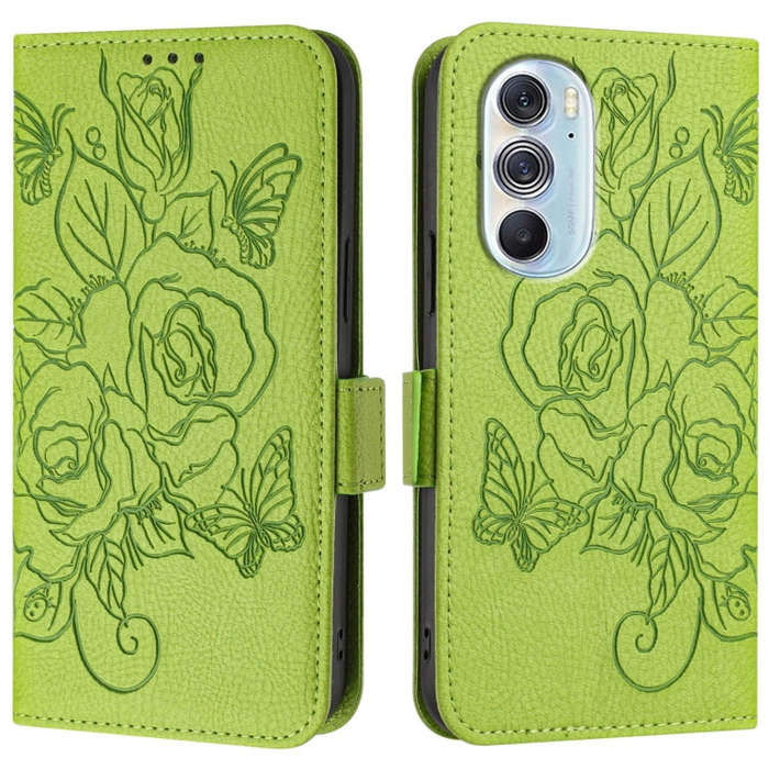 For Motorola Edge+ 2022 Embossed Rose RFID Anti-theft Leather Phone Case(Green)