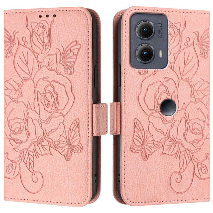For Motorola Edge 5G 2024 Embossed Rose RFID Anti-theft Leather Phone Case(Pink)